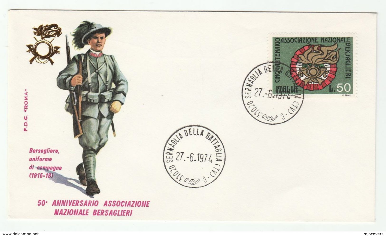 1974 Sernaglia ITALY FDC BERSAGLIERI Army 1915 1918 UNIFORM , GUN, Cover Military Forces Stamps WWI - WW1
