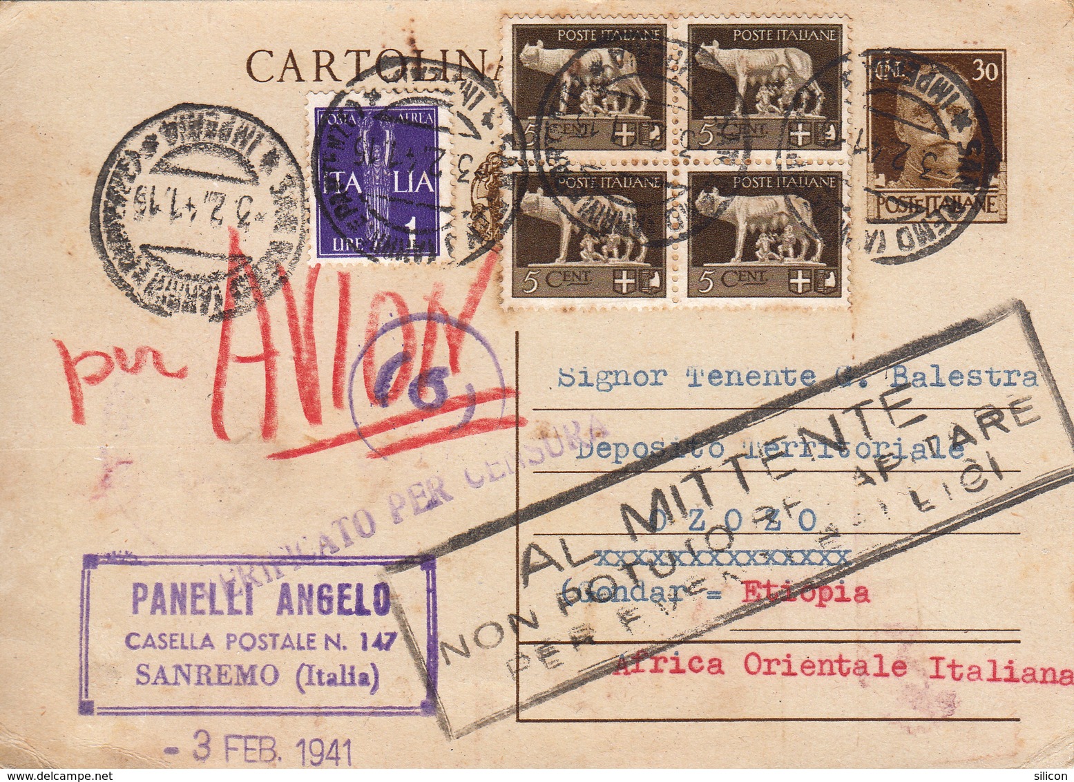 Regno Storia Postale - Cartolina Postale Cent. 30 + Complementari, Sanremo Per Etiopia, 3.2.1941 - Poststempel