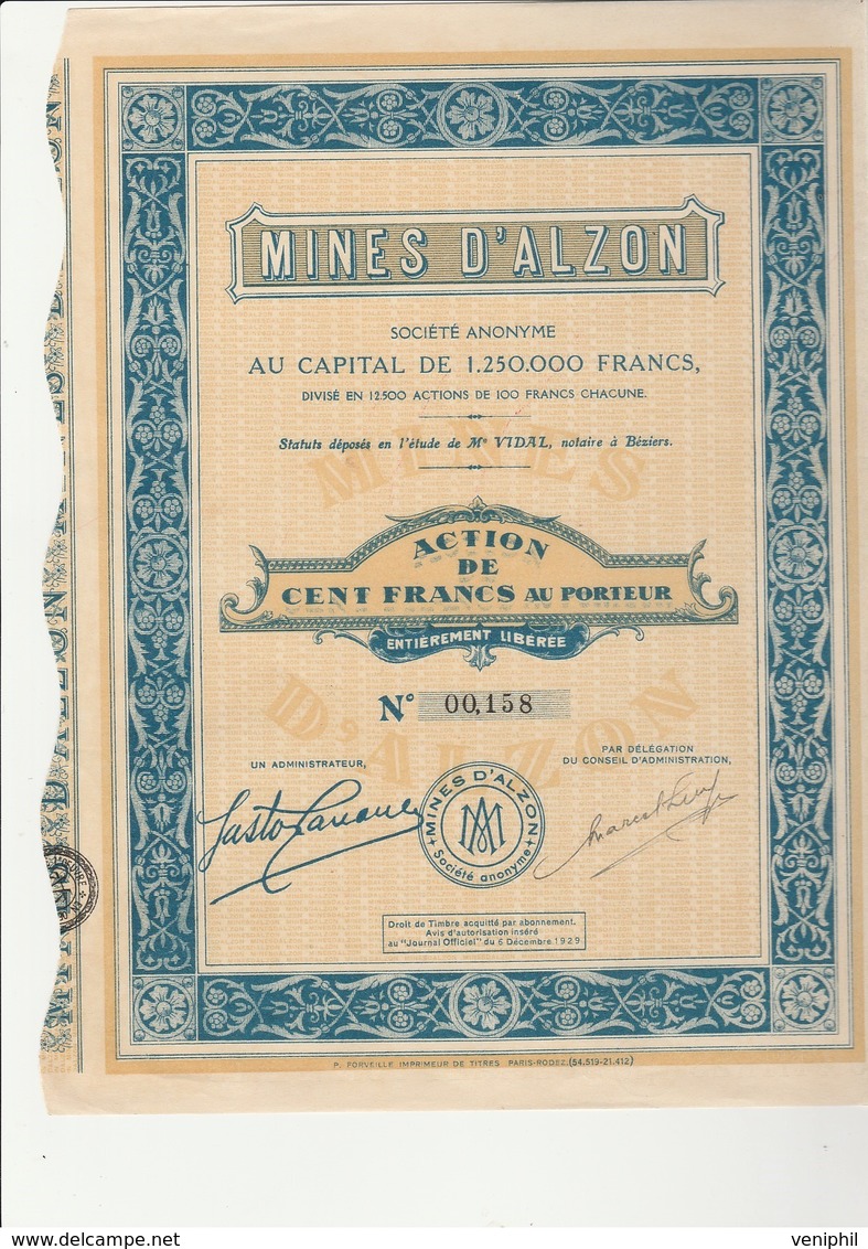 MINES D'ALZON - GARD- ACTION DE 100 FRANCS  - 1929- "MINES DE PLOMB" - Bergbau