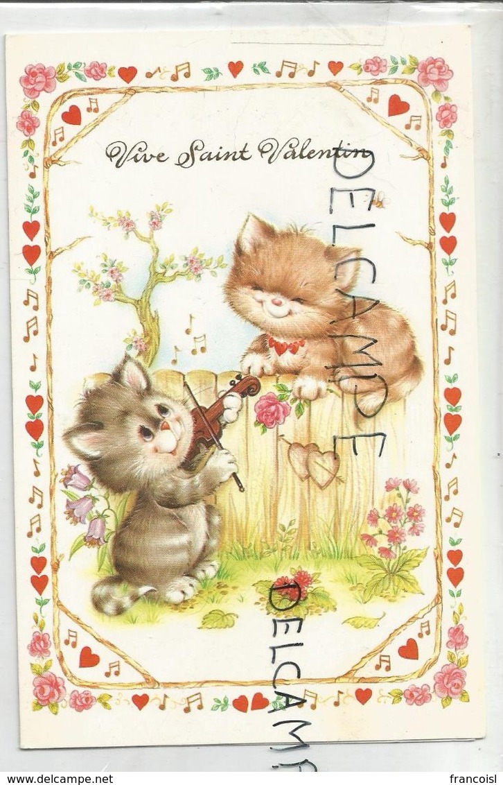 Vive Saint-Valentin. Couple De Chatons Amoureux. Aubade Au Violon, Cœurs Et Flèche, Notes De Musique, Barrière Et Fleurs - Saint-Valentin