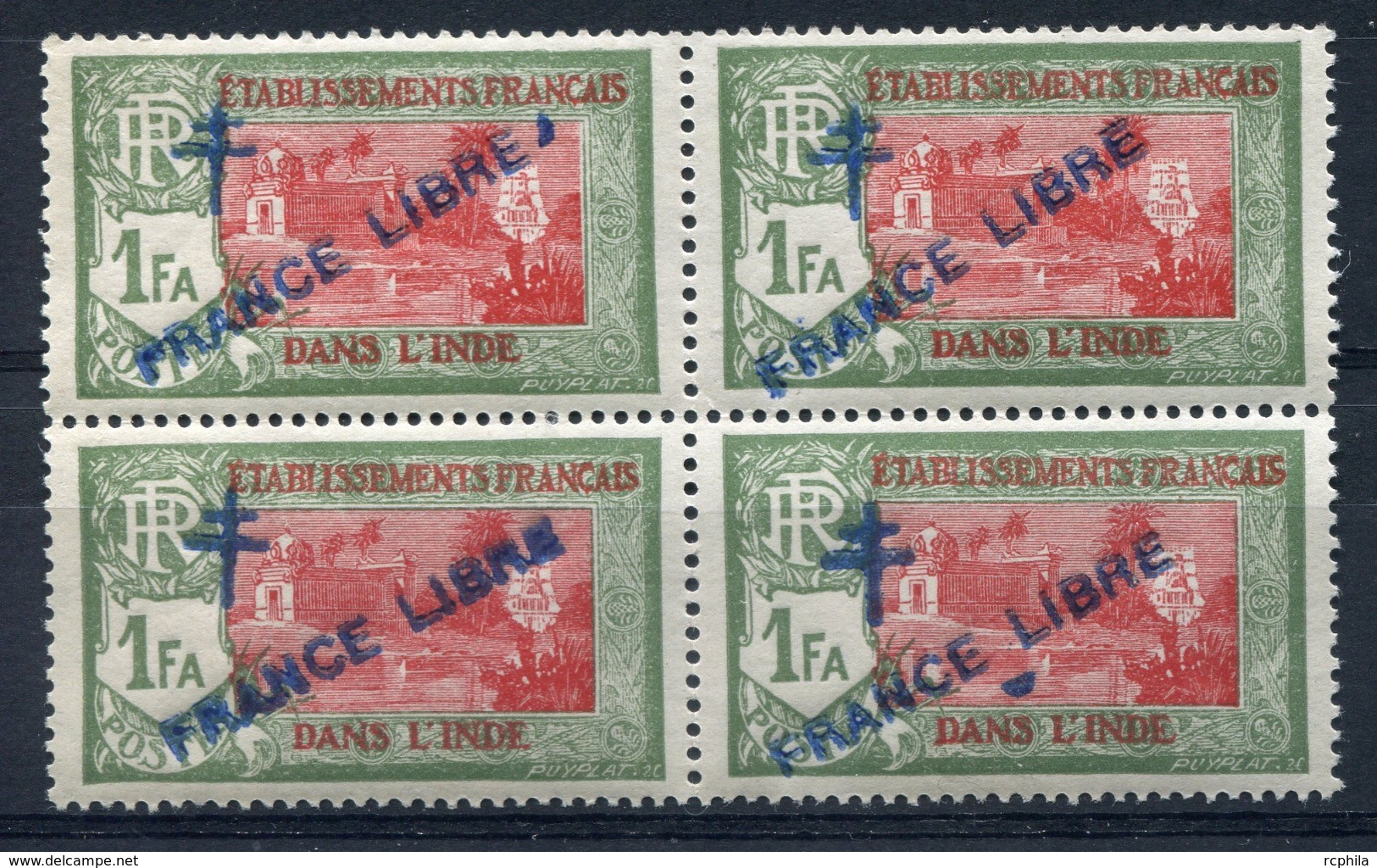 RC 6734 - INDE FRANÇAISE 161 VARIÉTÉ TACHE APRES ET SOUS LIBRE DANS UN BLOC DE 4 NEUF ** - Unused Stamps