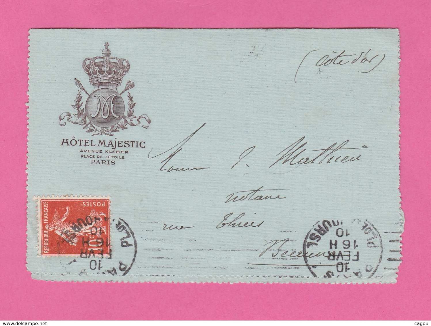 CARTE LETTRE HOTEL MAJESTIC AVENUE KLEBER PLACE DE L' ETOILE PARIS - TIMBRE SEMEUSE N° 138 DE 1910 - Ohne Zuordnung