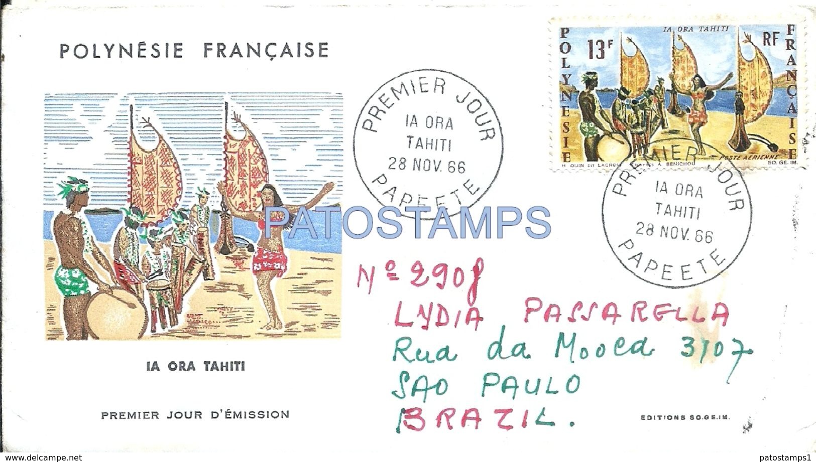 85488 TAHITI PAPEETE POLYNESIE FRANCAISE COVER YEAR 1966 PREMIER JOUR CIRCULATED TO BRAZIL POSTAL POSTCARD - Autres & Non Classés