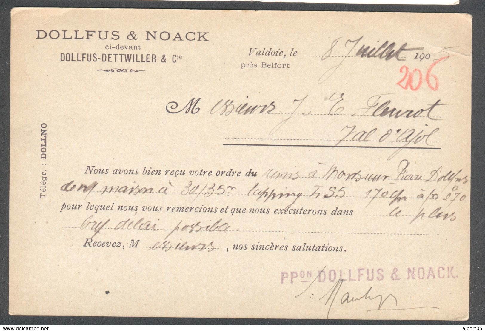 90 - Valdoie - Carte Postale Dollfuss & Noach  - Semeuse 10c Lignée  1905 - Valdoie