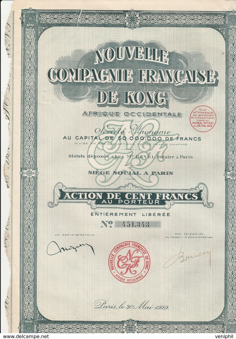 ACTION DE 100 FRS - NOUVELLE COMPAGNIE FRANCAISE DE KONG (PLANTATIONS DE CAFE) -annee 1929 - Afrique