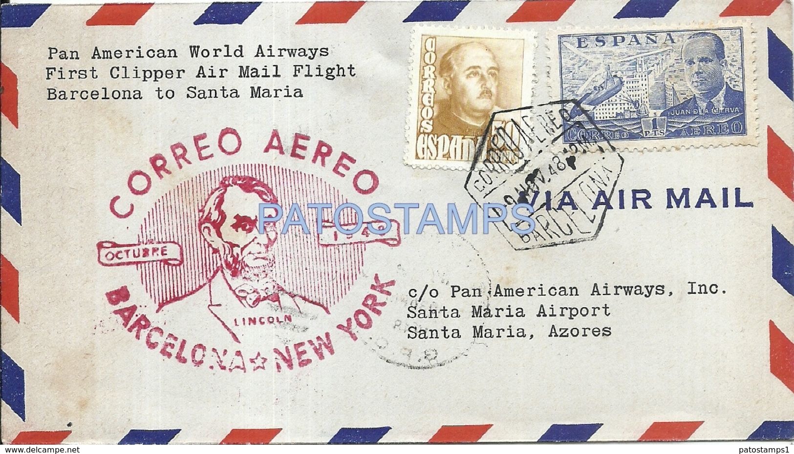 85499 SPAIN BARCELONA COVER YEAR 1948 AVIATION US NEW YORK CIRCULATED TO PORTUGAL AZORES  NO POSTAL POSTCARD - Sonstige & Ohne Zuordnung