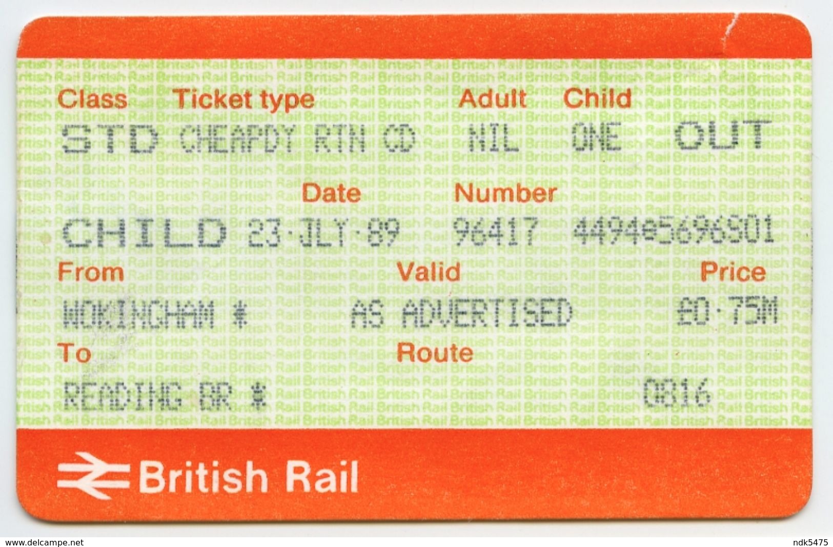 BRITISH RAIL CHEAPDAY RETURN TICKET : WOKINGHAM - READING (CHILD) 1989 - Europe