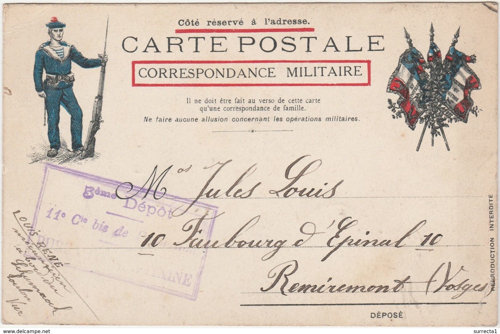 Belle Carte Militaire FM / Marin Fusilier / Cachet 3ème Dépôt Bureau Du Capitaine / Toulon 83 Var / Navire Schumaoch - Documents