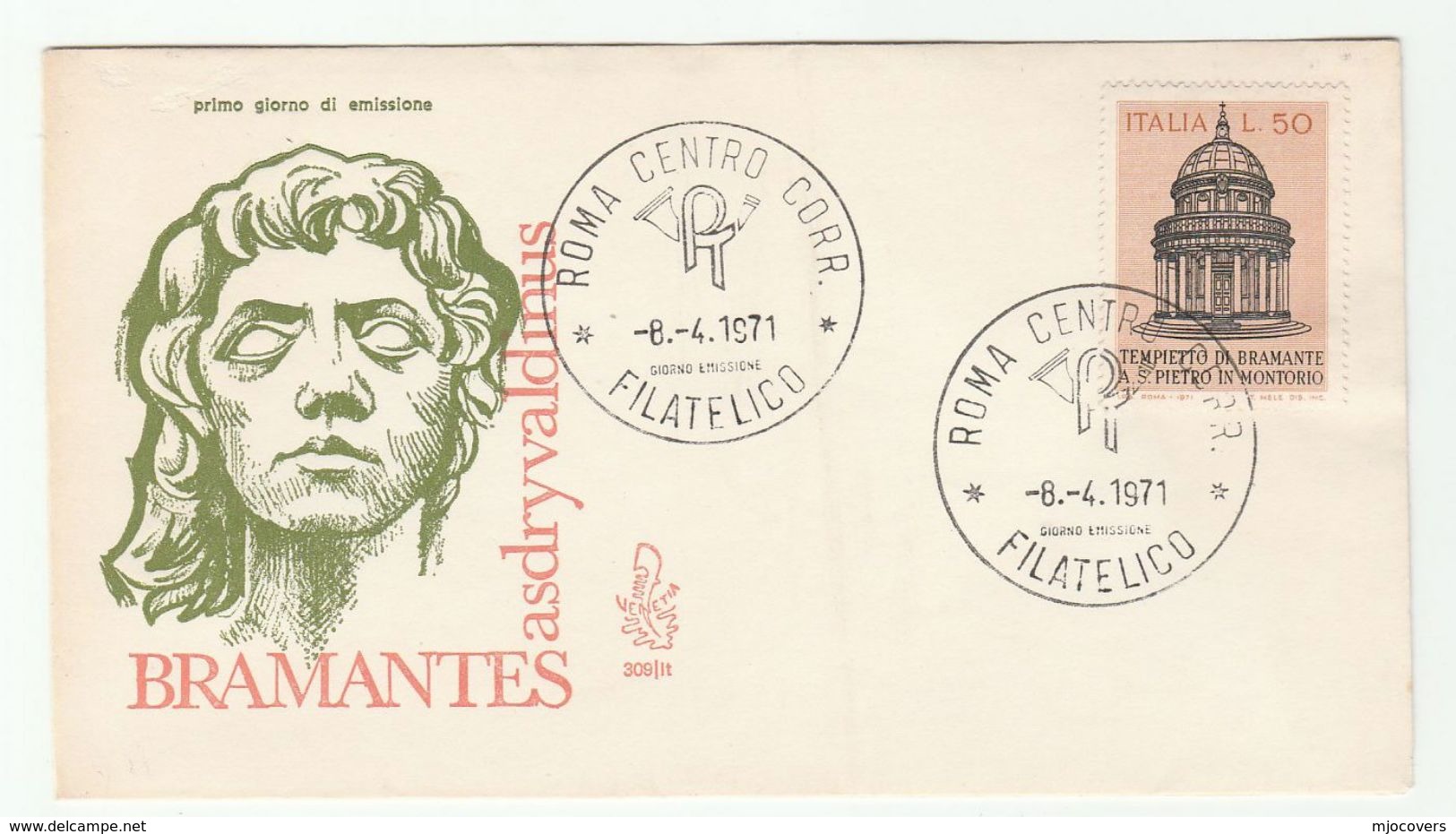 1971 ITALY FDC BRAMANTE , S PIETRO DI MONTORIO CHURCH  Architecture Stamps Cover Religion - Churches & Cathedrals