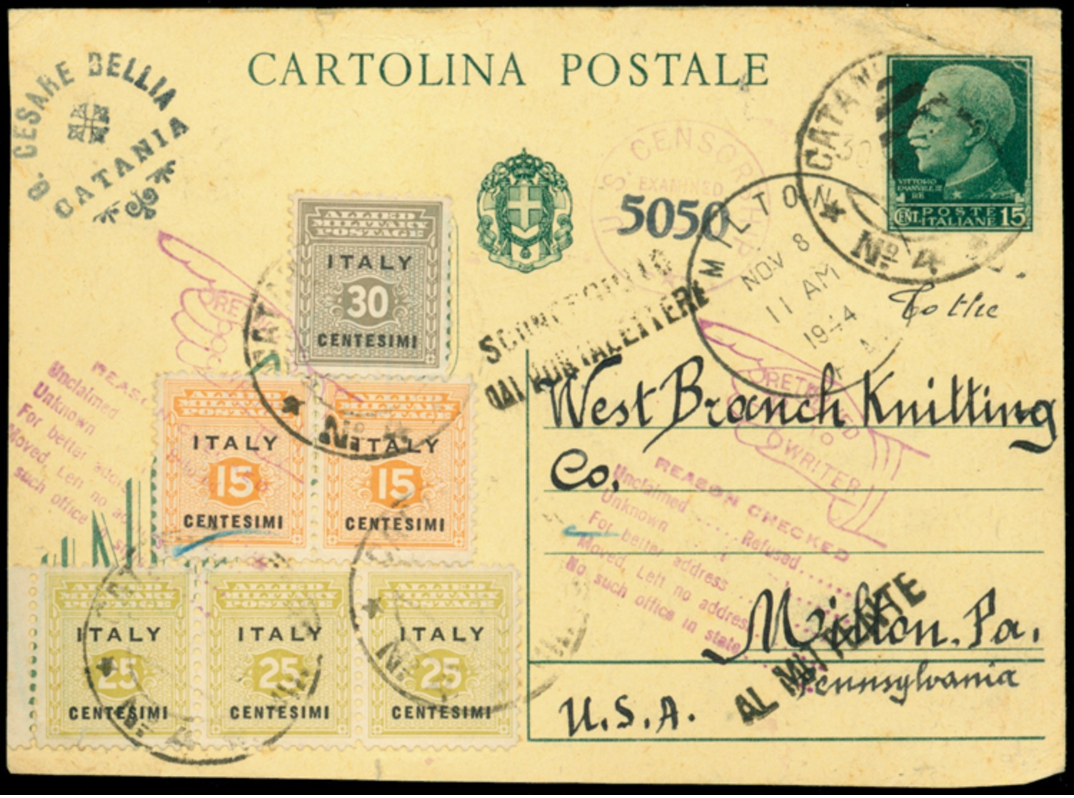 L ULTIMO GIORNO DI VALIDITA'(30.9.1944) Diretta In America, Cartolina Postale "Vinceremo" Da C.15 (Imperiale) + Francobo - Sicile