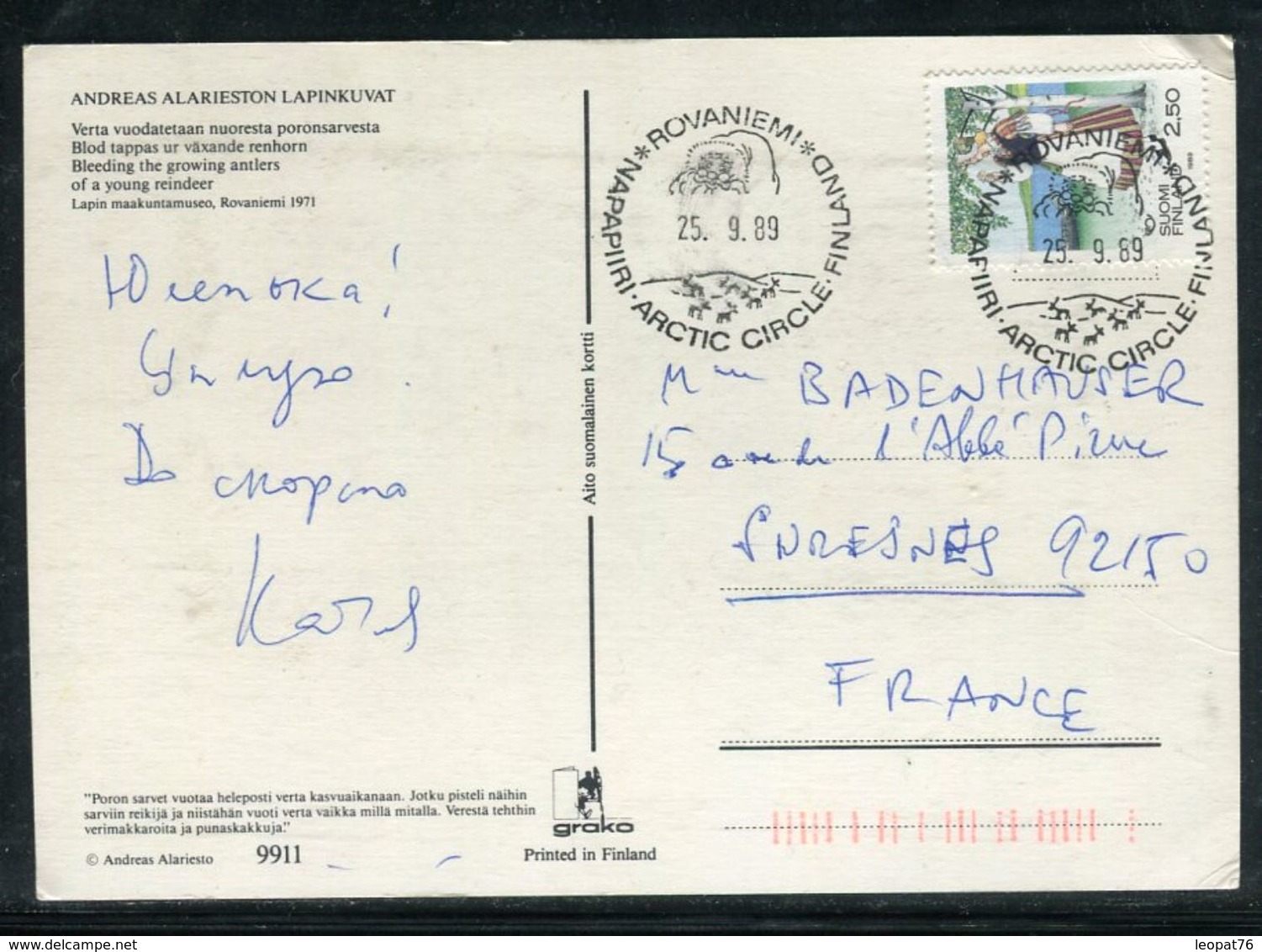 Oblitération Polaire  " Artic Circle Rovaniemi" En 1989 Sur Carte Postale Pour La France  - Ref J33 - Brieven En Documenten