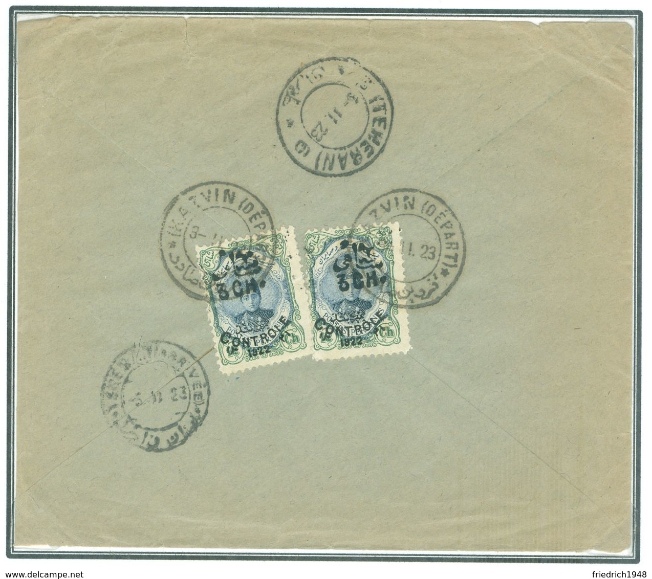 PERSIA - IRAN 1923; Cover Sent From KAZVIN To ISFAHAN (via Teheran) Franked With Two 3ch Ovpt. On 12ch "CONTROLE 1922" - Iran