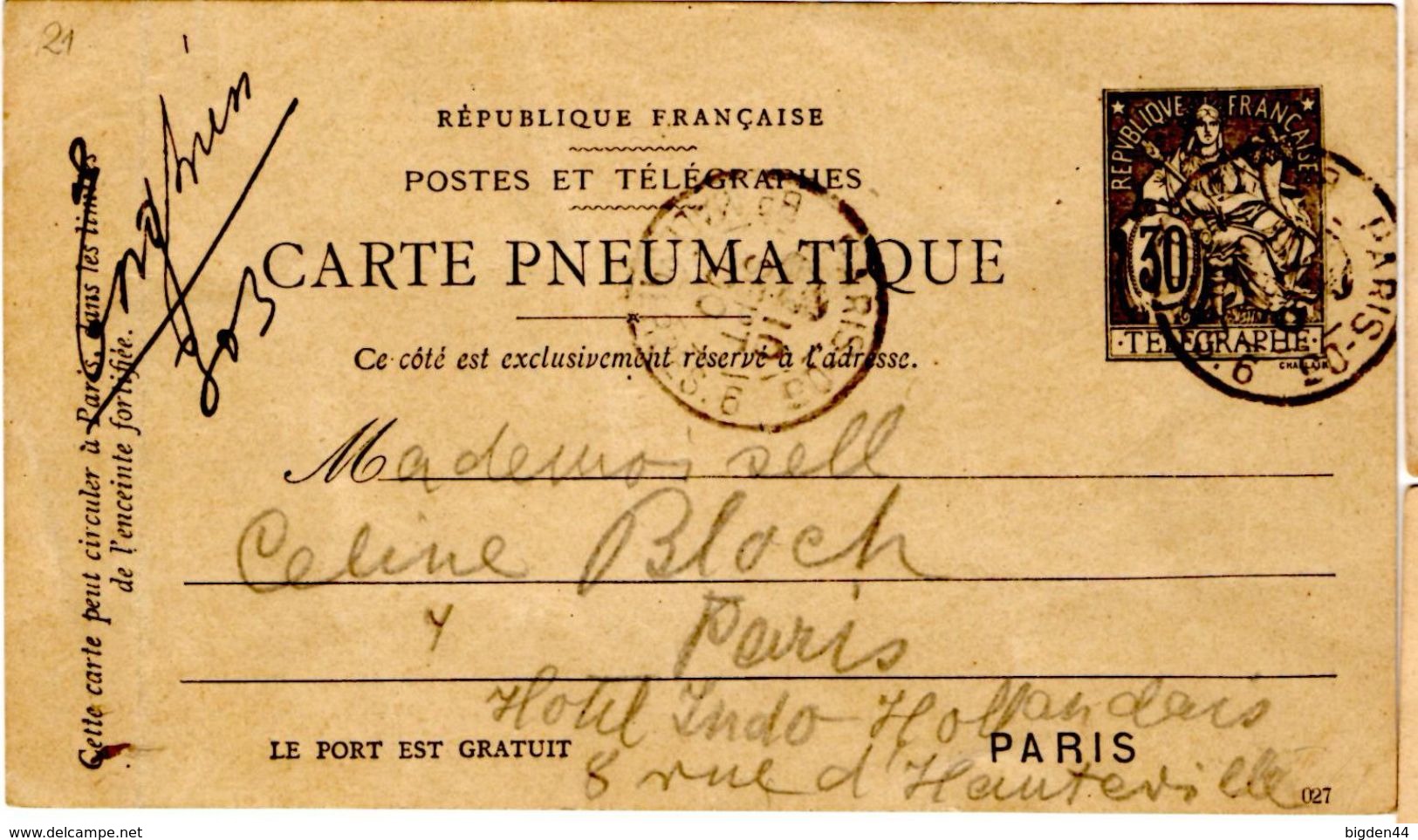 Carte Pneumatique B10 De Paris 05 Malsherbes (sept. 1900) Pour Hauteville - Neumáticos