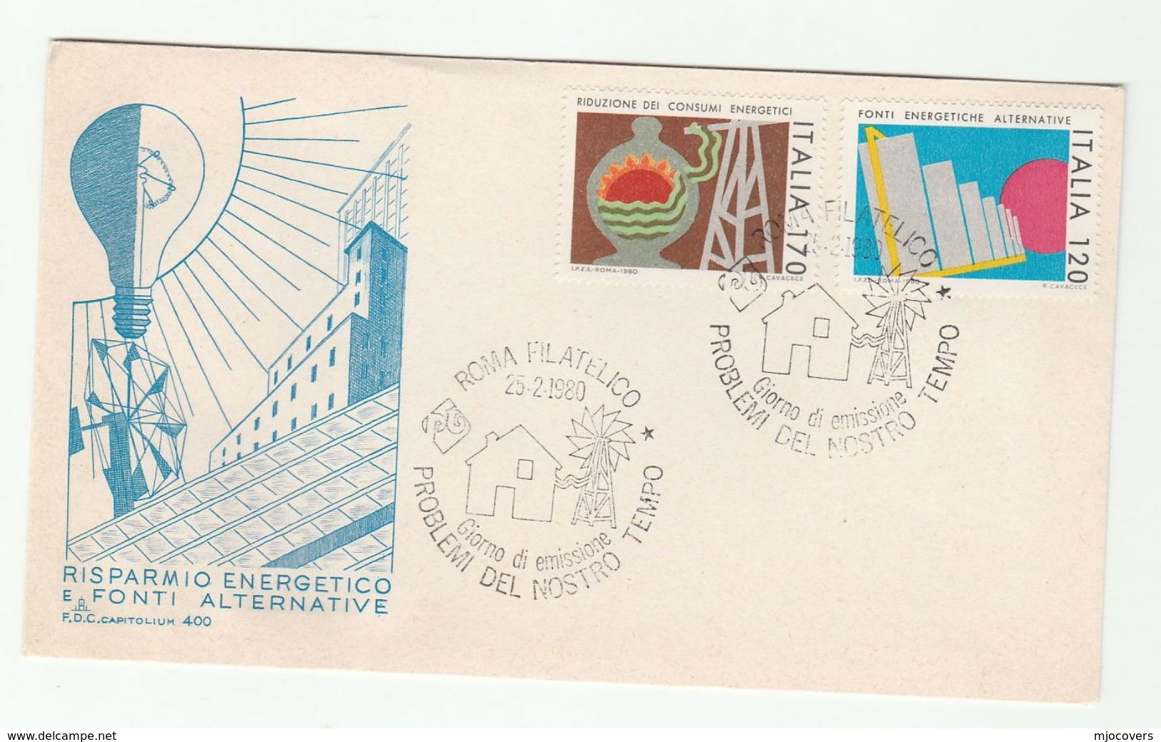 1980 ITALY FDC SOLAR Power , WIND ENERGY , ELECTRICITY  Cover LIGHT BULB WINDMILL Electric  Stamps - FDC