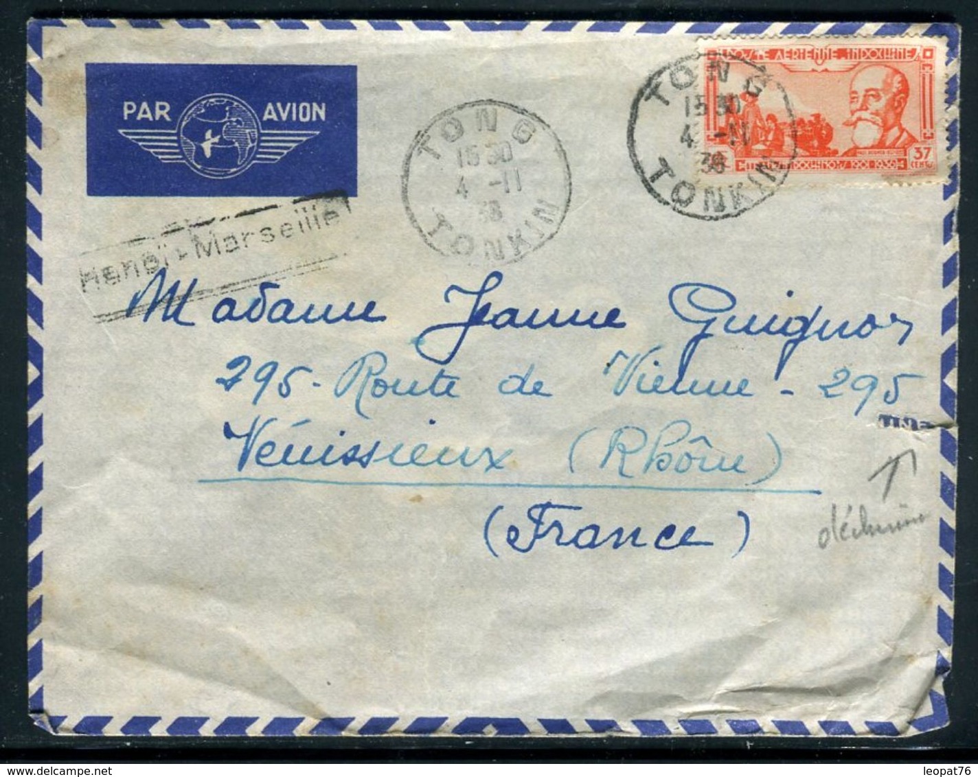 Indochine - Enveloppe De Tong Pour La France En 1938 Par Avion , Voir Scan Pour état - Ref J48 - Lettres & Documents