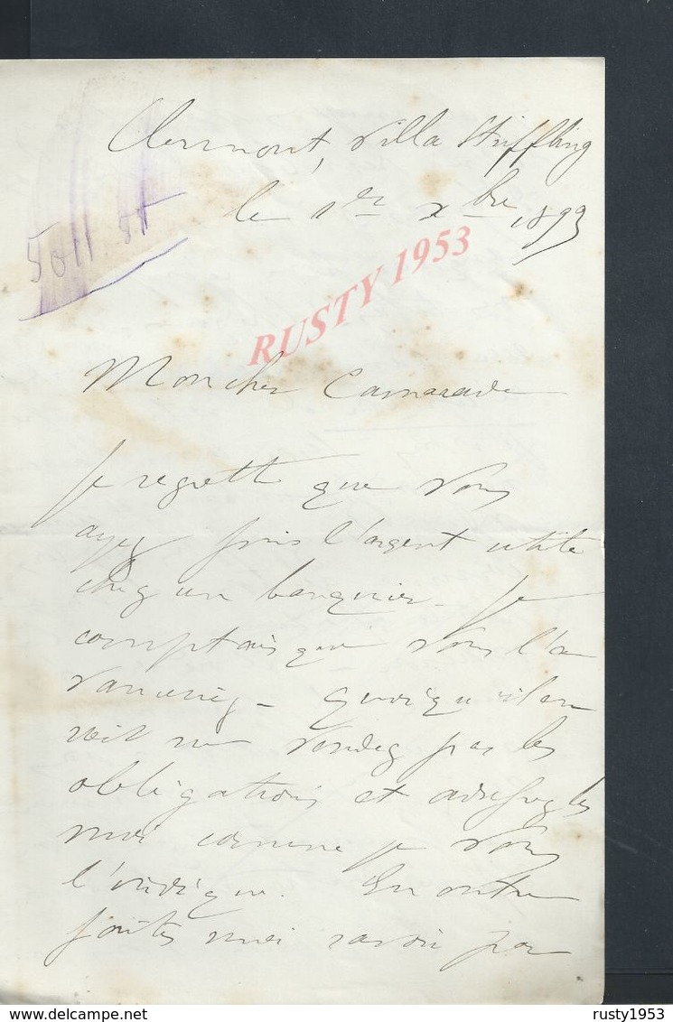 LETTRE DE 1893 ECRITE DE CLERMONT VILLA ANFFLING ? : - Manuscripts