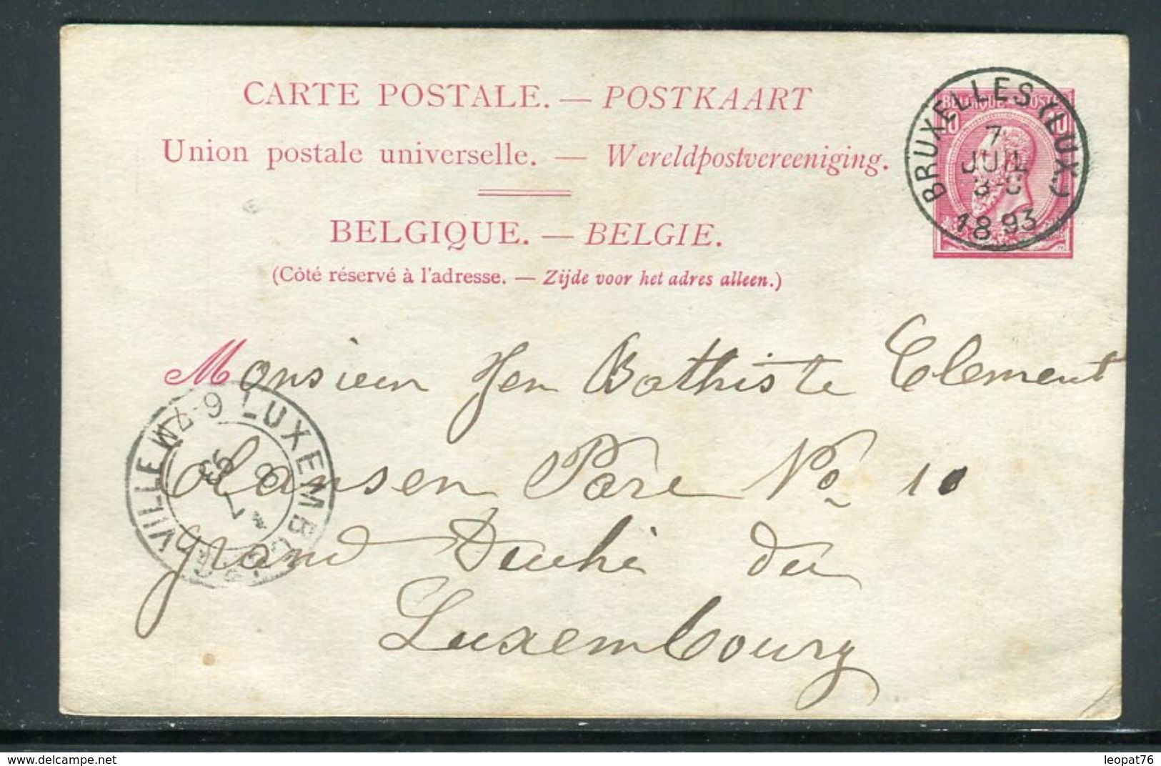 Belgique - Entier Postal De Bruxelles Pour Luxembourg En 1893 - Ref J 68 - Postcards 1871-1909