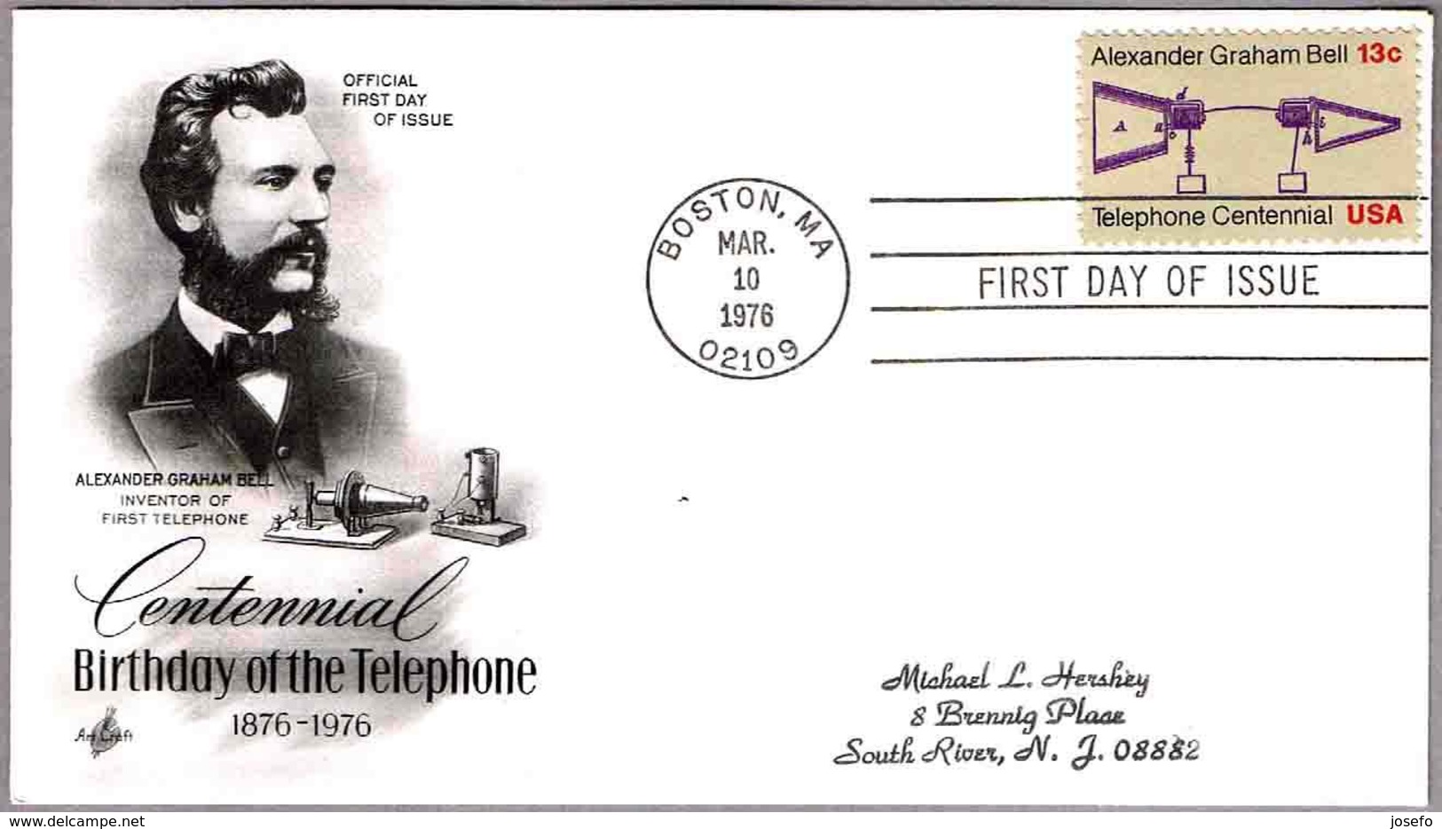 Centenario Del TELEFONO - Centennial Of The TELEPHONE. Graham Bell. SPD/FDC Boston MA 1976 - Telecom
