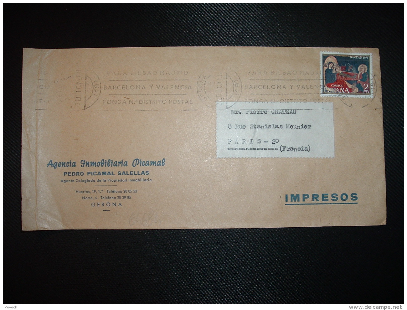 LETTRE TP NAVIDAD 1971 2 P OBL.MEC.31 DIC 71 GERONA + AGENCIA IMMOBILIARIA PICAMAL PEDRO PICAMAL SALELLAS - Lettres & Documents