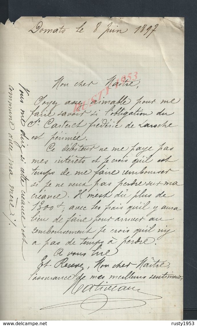 LETTRE DE 1897 ECRITE DOMATS : - Manuscripts
