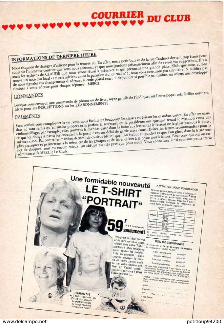 CLAUDE FRANCOIS  Le Journal Du Club  ANNEE 1980 - Música