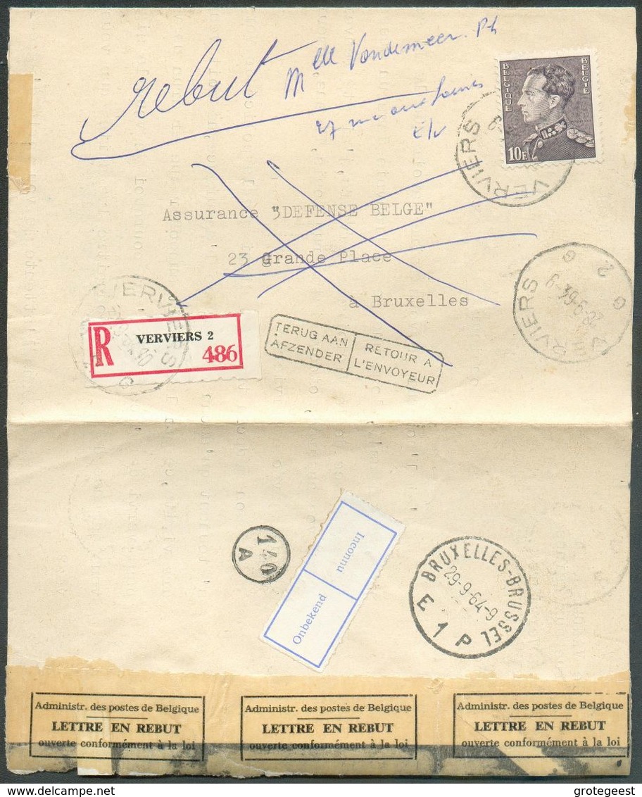 N°848 - 10Fr. POORTMAN Obl. Sc VERVIERS Sur Lettre Recommandée Du 28-9-1964 Vers Bruxelles (biffé) + Griffe Retour à L'E - Otros & Sin Clasificación