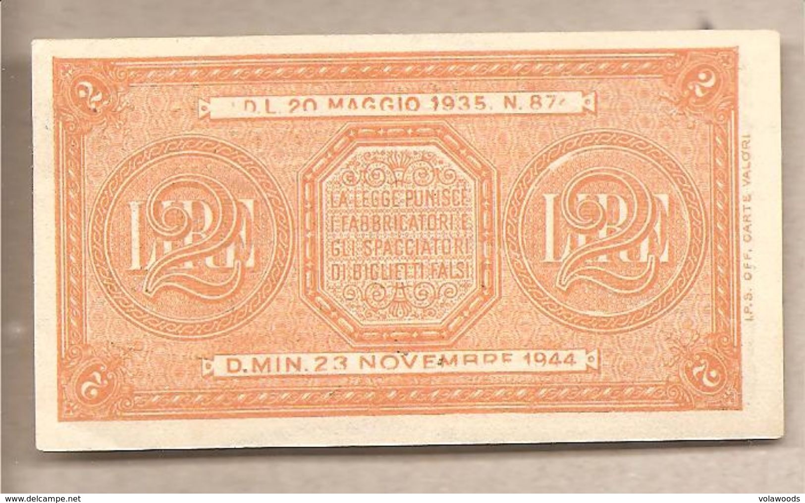 Italia - Banconota Non Circolata FdS Da 2 Lire "Italia Laureata" P-30b - 1944 - Italia – 2 Lire