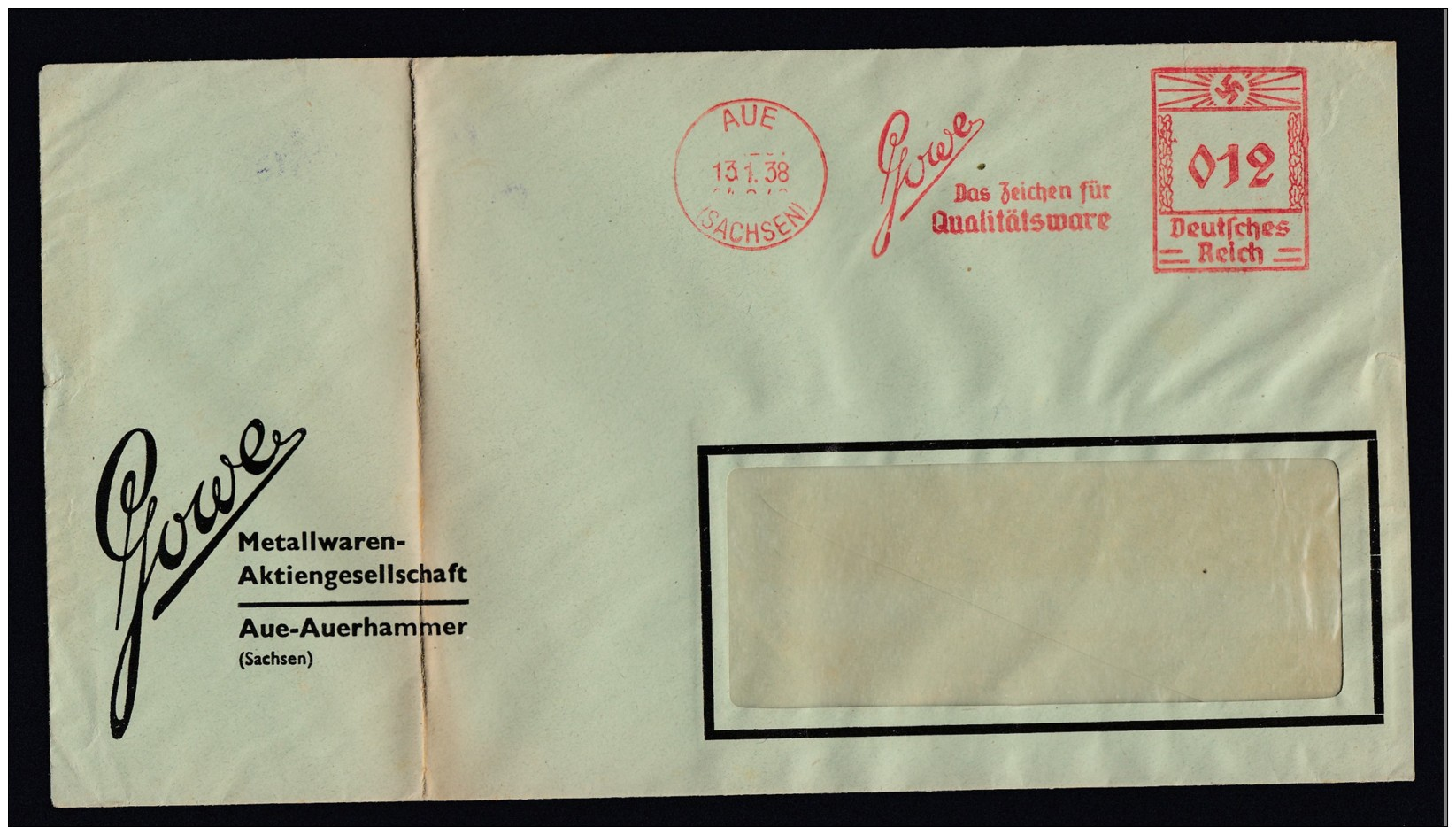 DR Brief Absenderfreistempel AFS  Metallwaren 1938 Aue K1201 - Briefe U. Dokumente