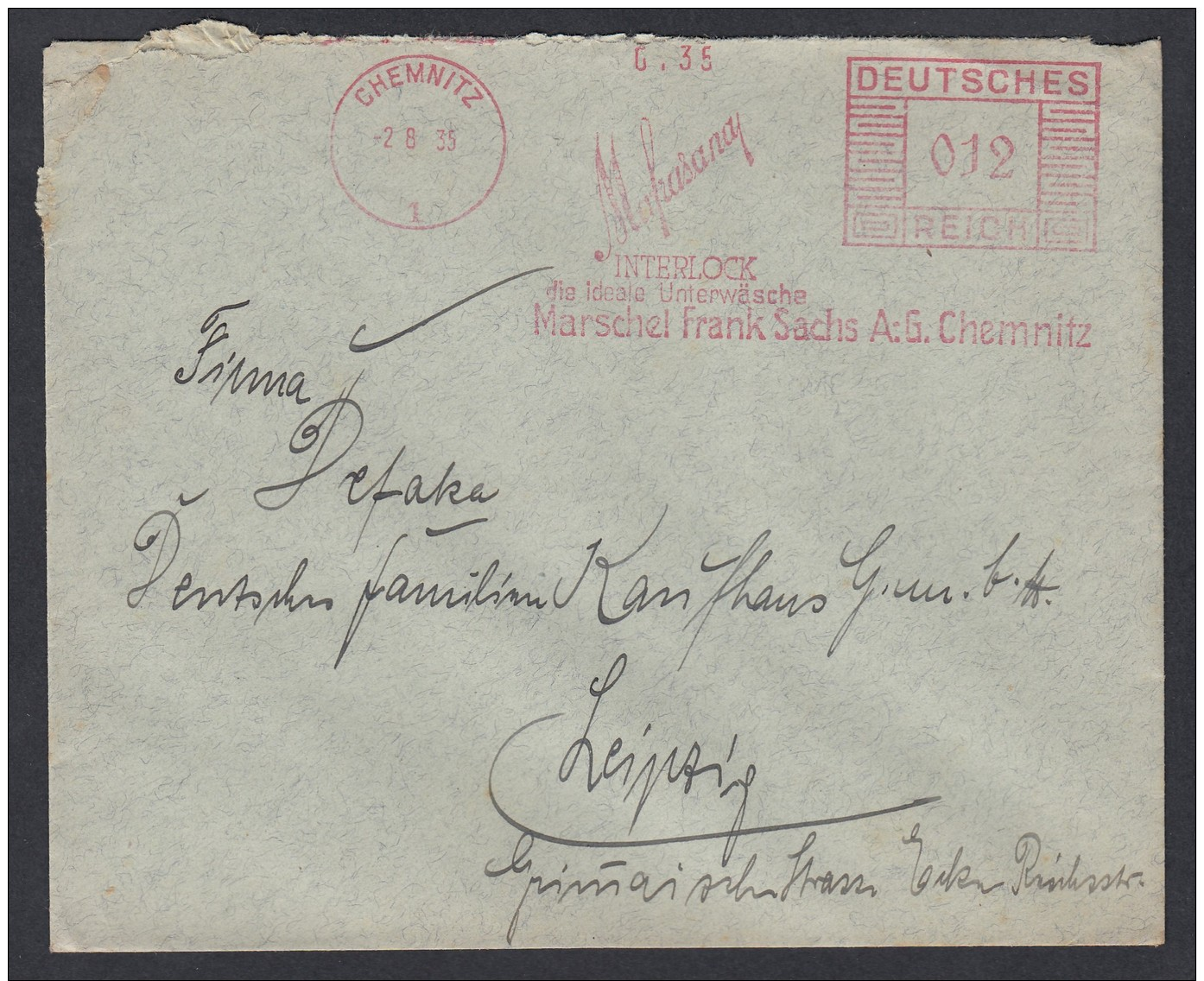 DR Brief Absenderfreistempel AFS  Bekleidung Unterwäsche 1935 Chemnitz Nach Leipzig K1215 - Briefe U. Dokumente