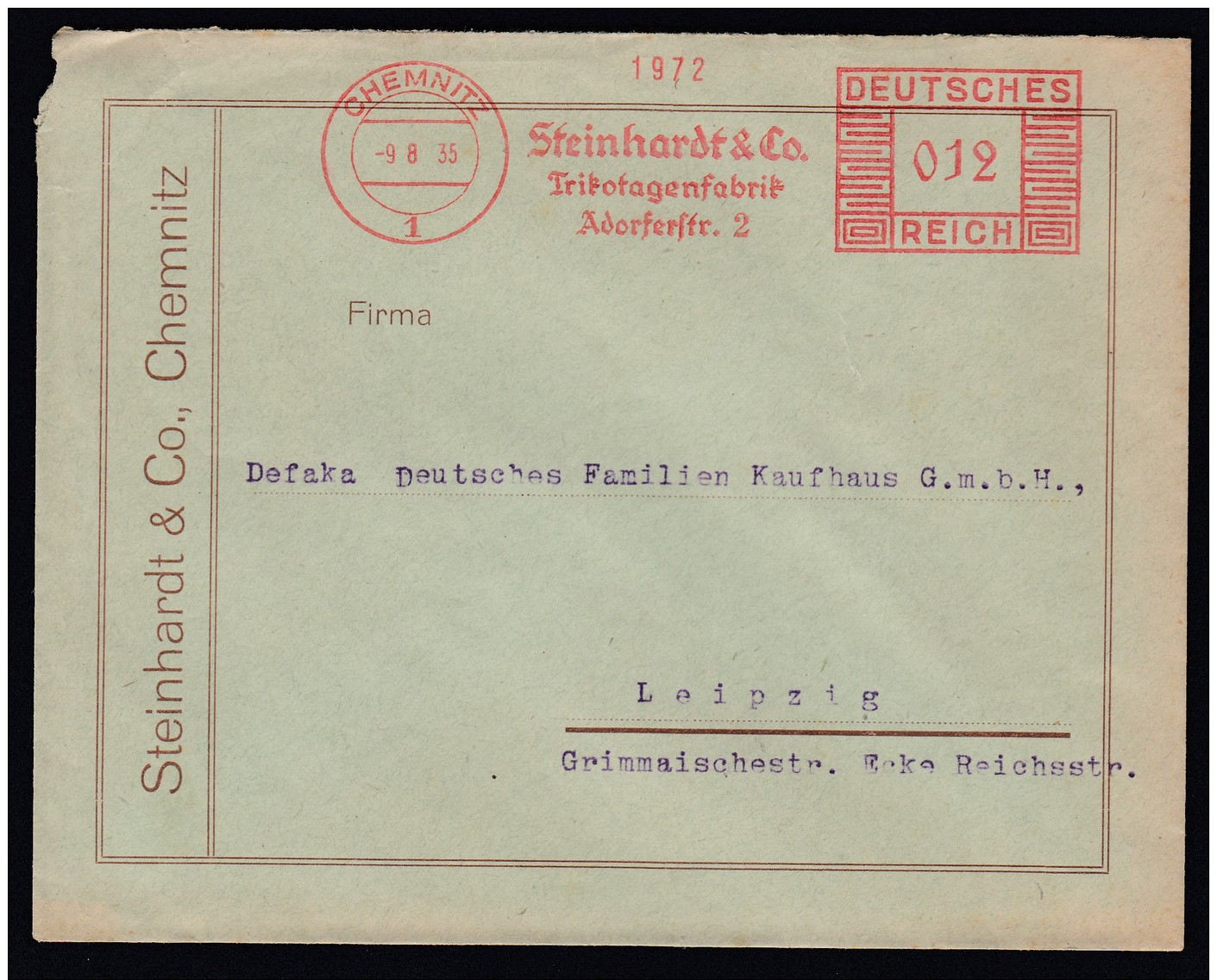 DR Brief Absenderfreistempel AFS  Bekleidung Trikotagen 1935 Chemnitz Nach Leipzig K1216 - Briefe U. Dokumente