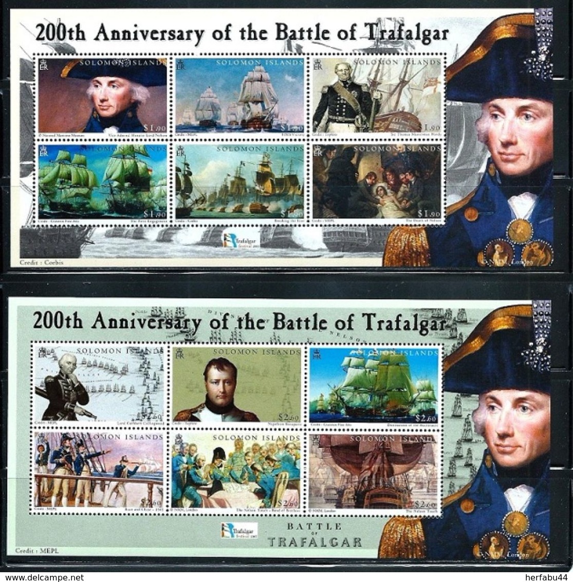 Solomon Islands      "Battle Of Trafalgar"     4  Sheets Of 6     SC#  992-95    MNH    SCV$  42.50 - Solomon Islands (1978-...)