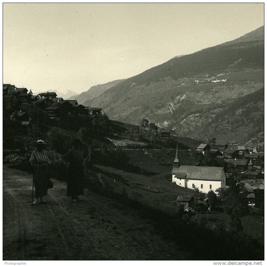 Suisse Val D'Anniviers Route De Grimentz Saint-Jean Ancienne Photo Stereo Amateur Possemiers 1910 - Stereoscopic