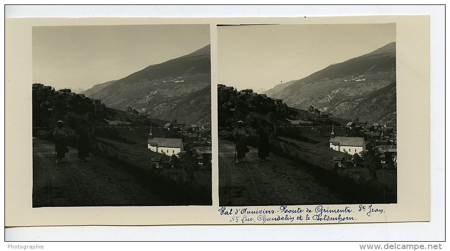 Suisse Val D'Anniviers Route De Grimentz Saint-Jean Ancienne Photo Stereo Amateur Possemiers 1910 - Stereoscopic