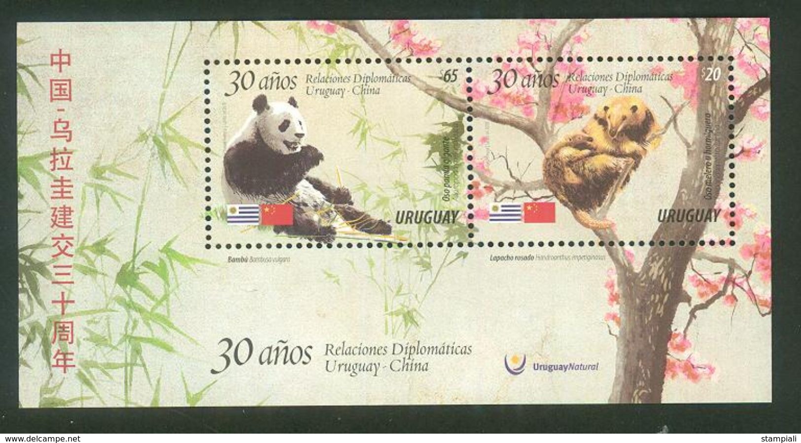 URUGUAY 2018 -30 Años RRDD Con CHINA-TT: Flora Y Fauna,Osos,Flores,Árboles,Caña Bambú,Banderas - Sellos