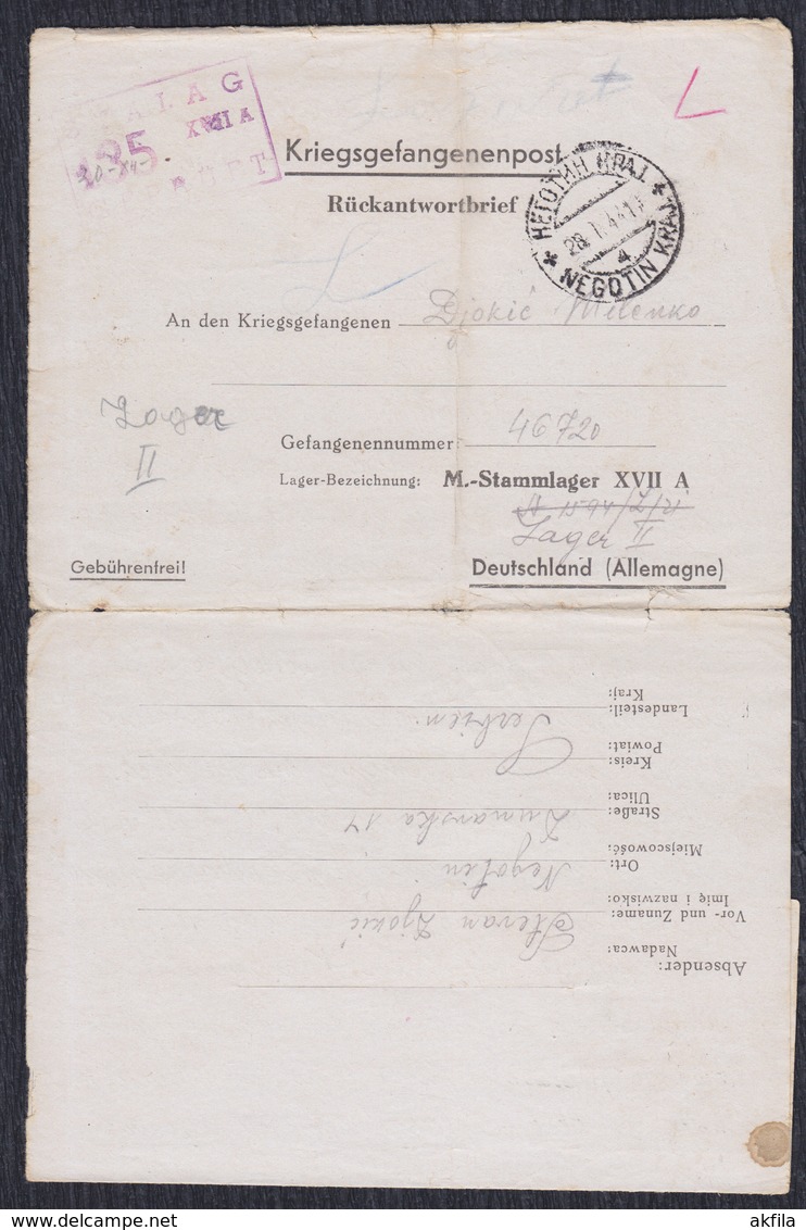 WWII Germany 1944 POW (Prisoner Of War) Mail, Camp Stalag XVII A, Negotin Krajina Postmark - 1939-45