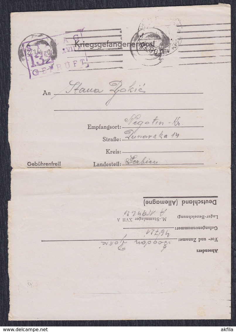 WWII Germany 1944 POW (Prisoner Of War) Mail, Camp Stalag XVII A, Negotin Krajina Postmark - 1939-45