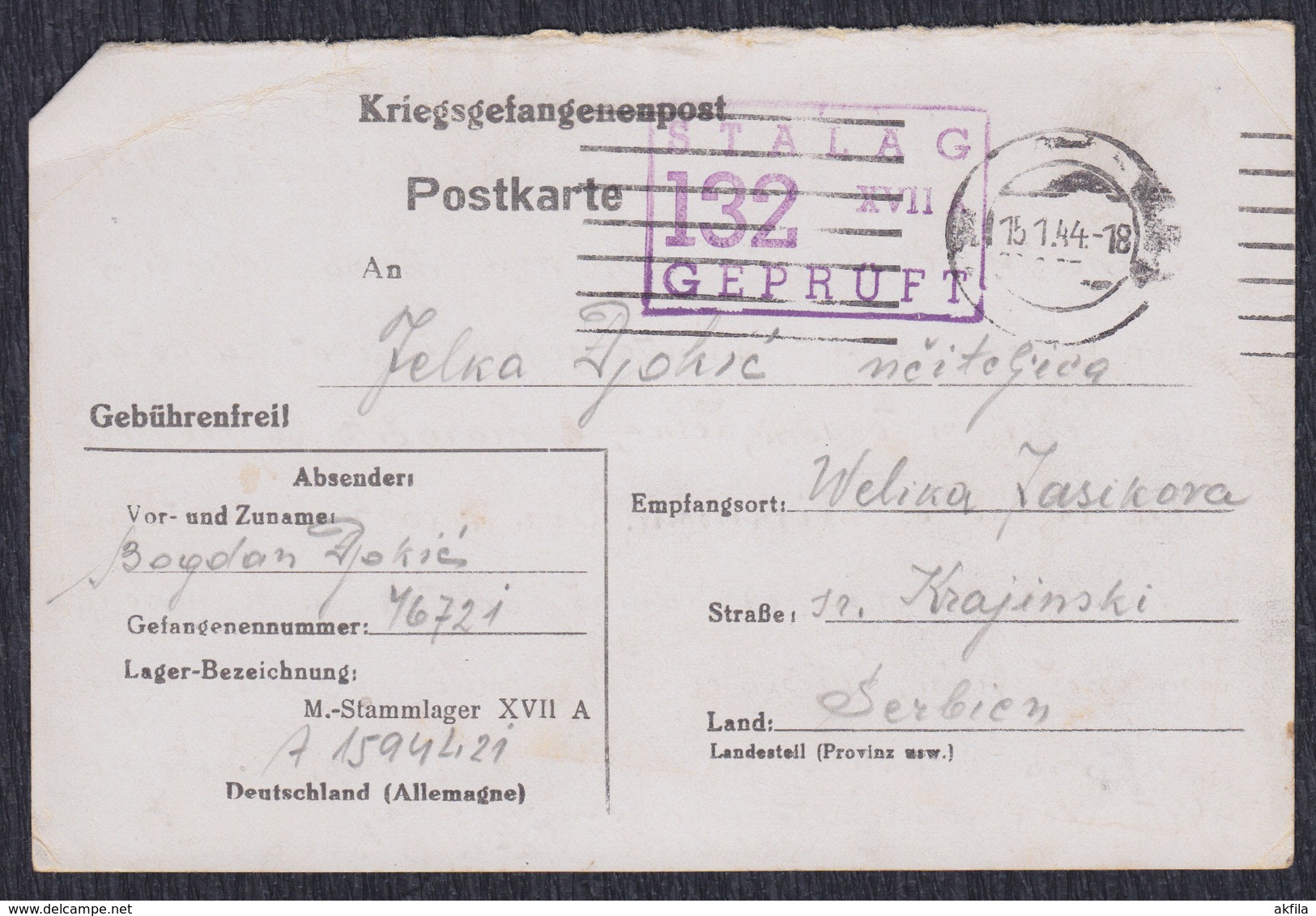 WWII Germany 1944 POW (Prisoner Of War) Mail, Camp Stalag XVII A - 1939-45