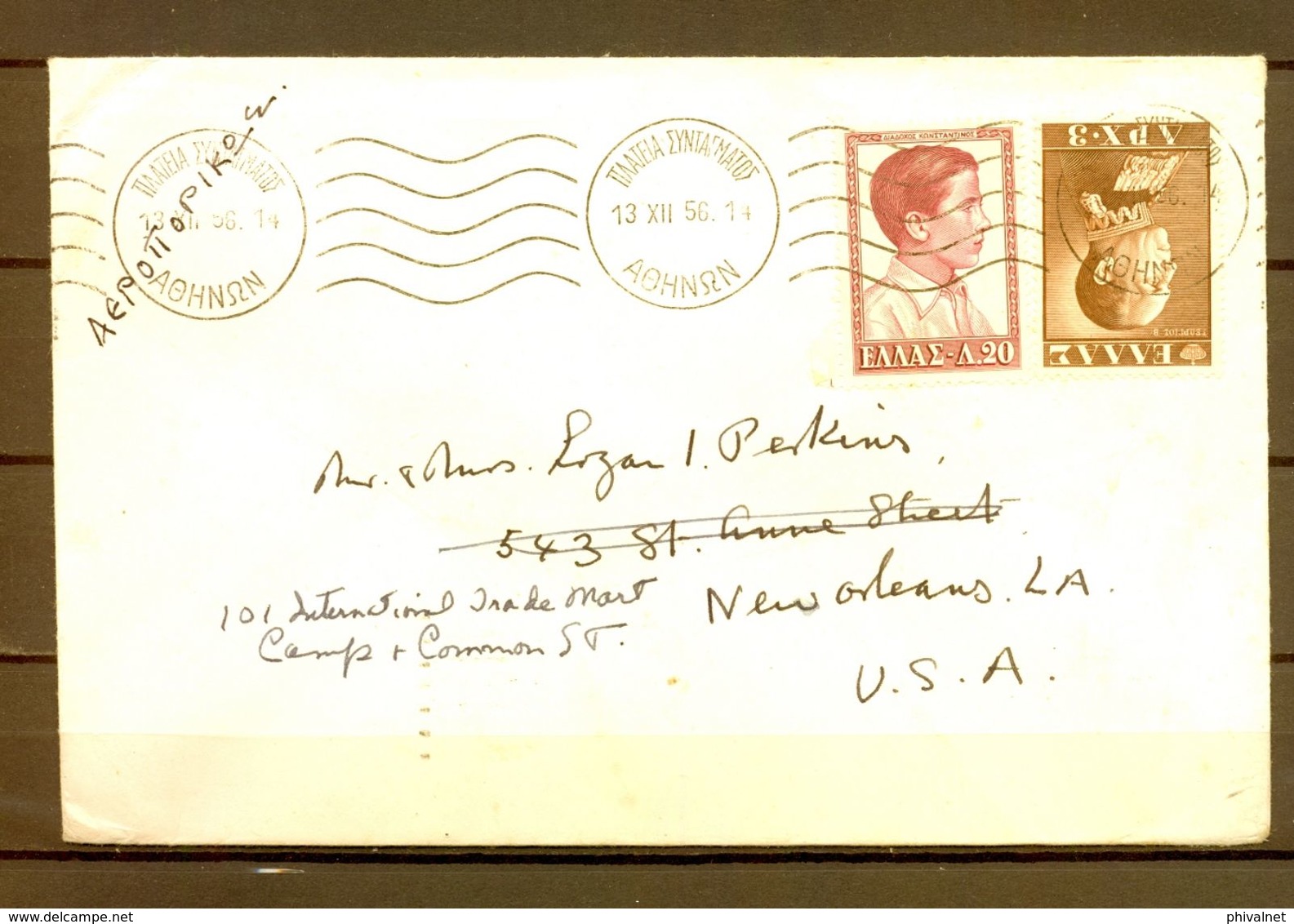 1956 GRECIA , SOBRE CIRCULADO A NUEVA ORLEANS , LLEGADA AL DORSO , YV. 624 , 631 , FAMILIA REAL GRIEGA - Covers & Documents