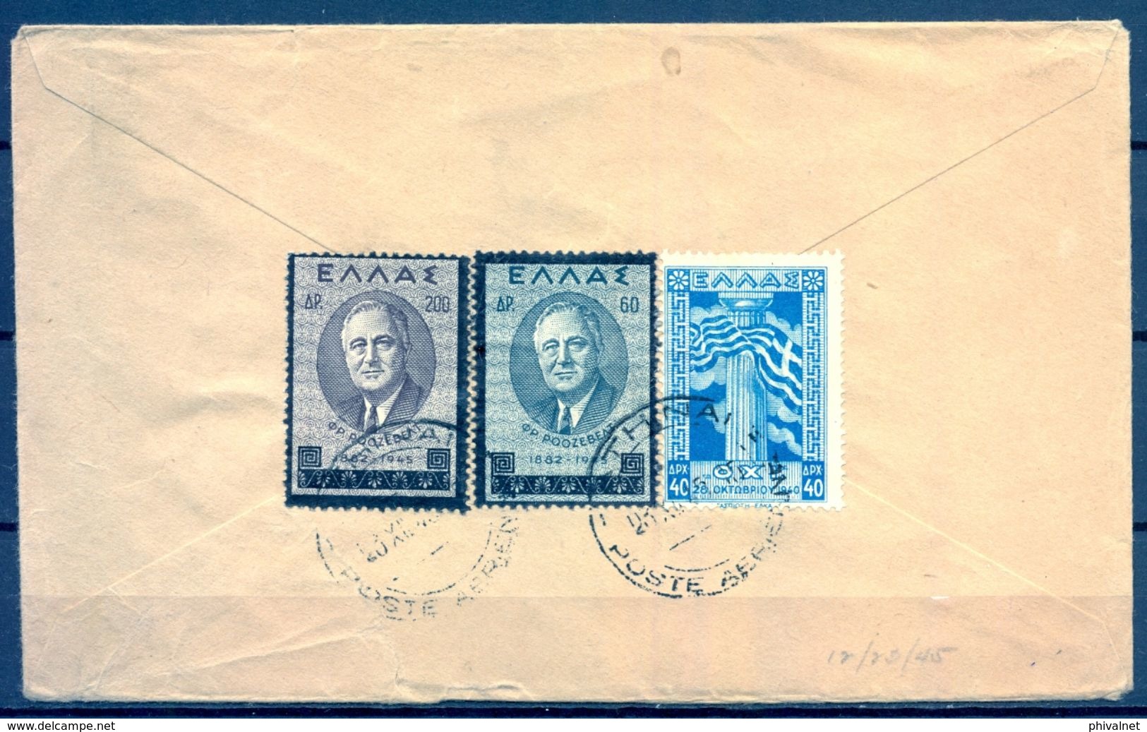 1945 , GRECIA , SOBRE CIRCULADO ENTRE ATENAS Y NUEVA YORK , YV. 519 X 2 , 520 , ROOSEVELT - Lettres & Documents