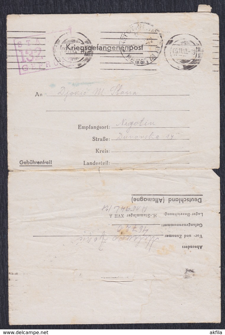 WWII Germany 1943 POW (Prisoner Of War) Mail, Camp Stalag XVII A, Negotin Krajina Postmark - 1939-45