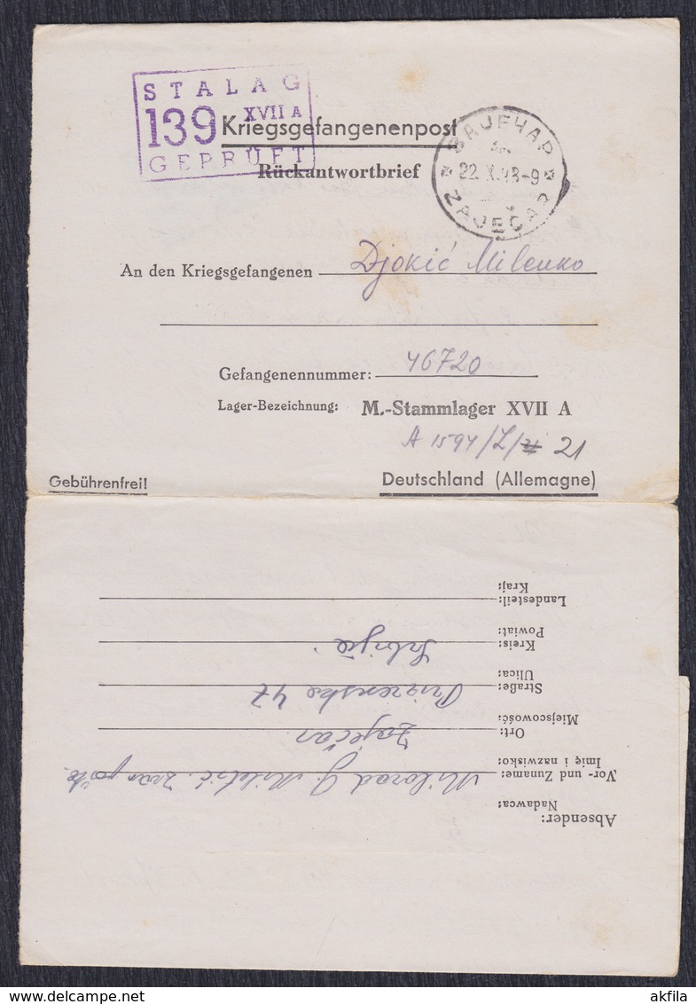 WWII Germany 1943 POW (Prisoner Of War) Mail, Camp Stalag XVII A, Zajecar Postmark - 1939-45