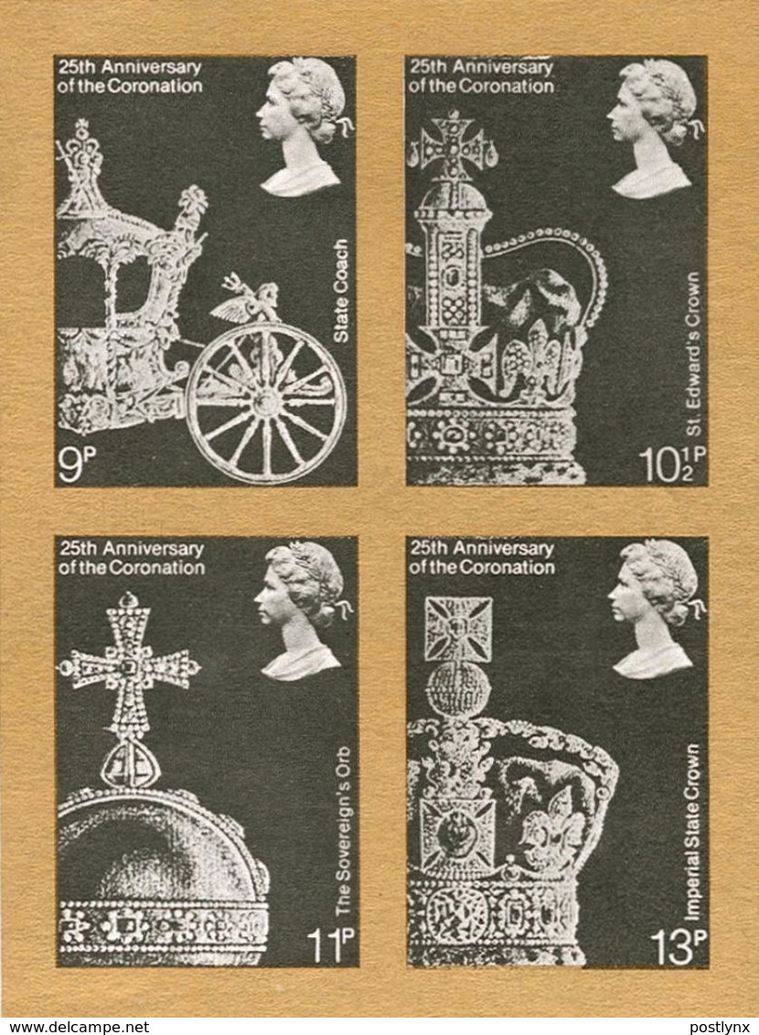 GREAT BRITAIN 1978 Regalia Coronation BLACKPRINT IMPERF.4-BLOCK Fr. Booklet Sheetlet  [épreuve Prueba Druckprobe Prova P - Prove & Ristampe