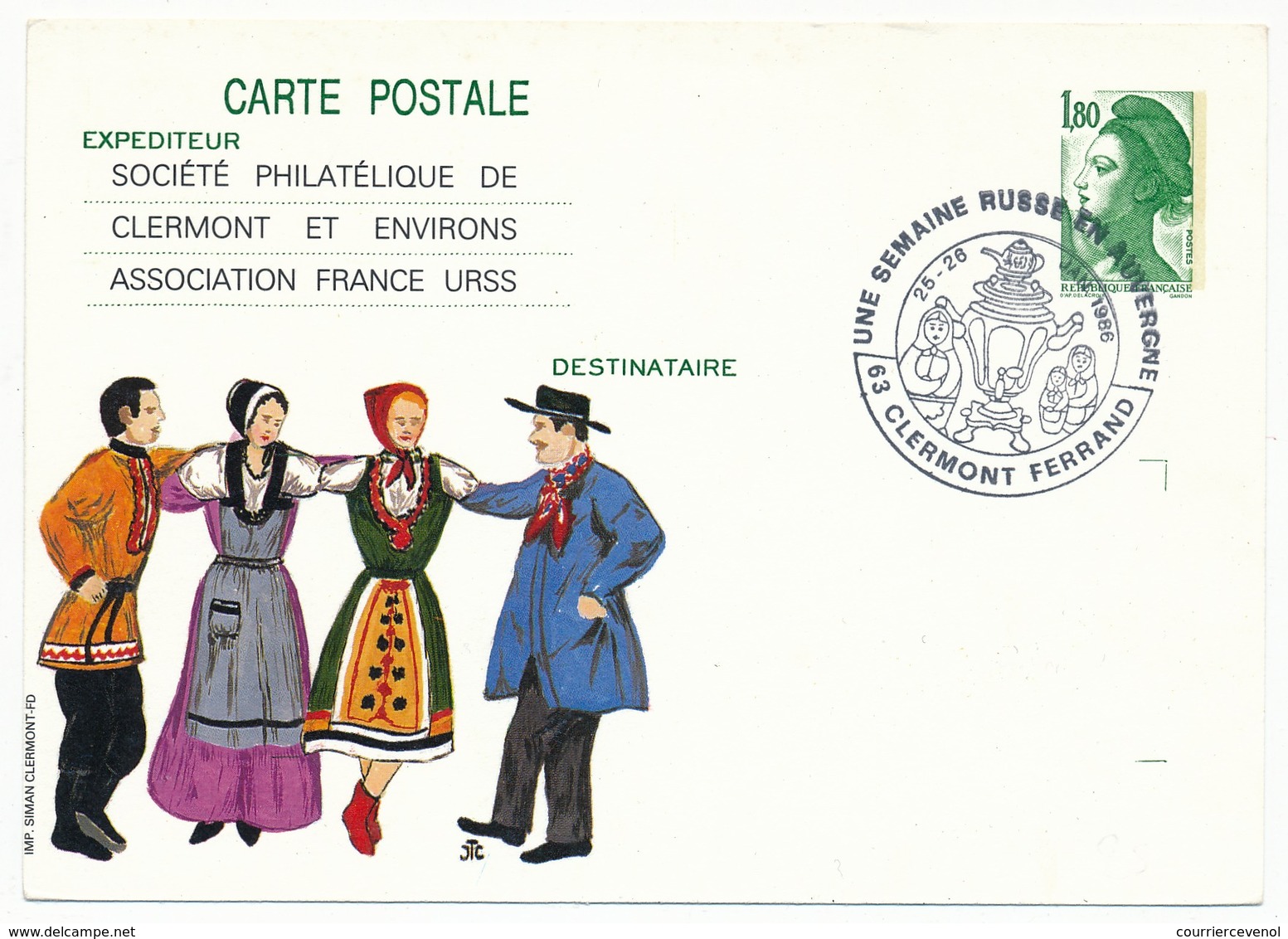 FRANCE - Entier Repiqué - 1,80 Liberté - Une Semaine Russe En Auvergne - 63 CLERMONT FERRAND - 1986 - Postales  Transplantadas (antes 1995)