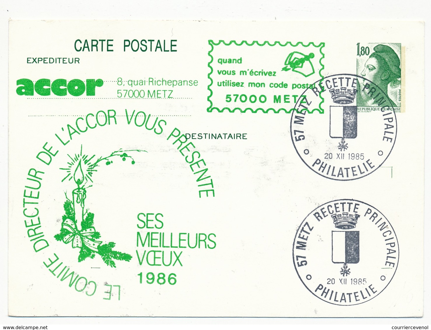 FRANCE - Entier Repiqué - 1,80 Liberté - CODE POSTAL ACCOR - 57 Metz - 1985 - Postales  Transplantadas (antes 1995)