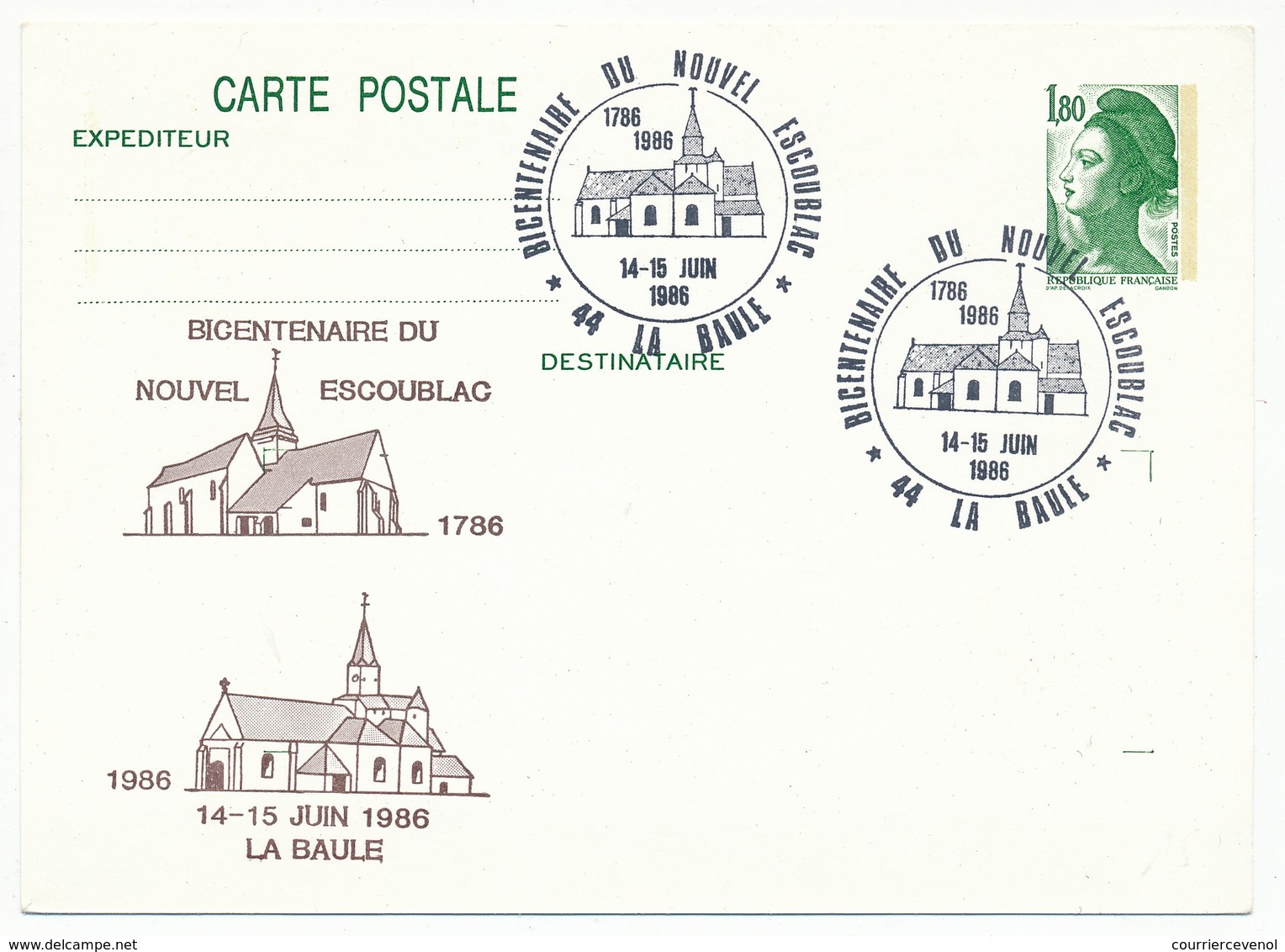 FRANCE - Entier Repiqué - 1,80 Liberté - Bicentenaire Du Nouvel Escoubiac- 44 LA BAULE - 1986 - Overprinter Postcards (before 1995)