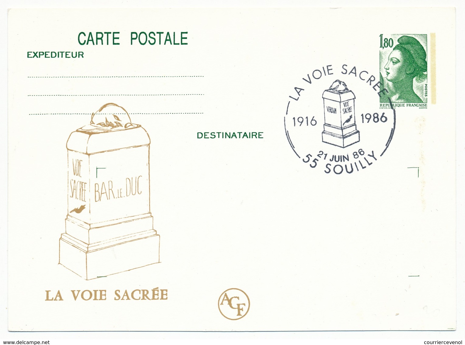 FRANCE - Entier Repiqué - 1,80 Liberté - La Voie Sacrée - 55 SOUILLY - 1986 - Postales  Transplantadas (antes 1995)