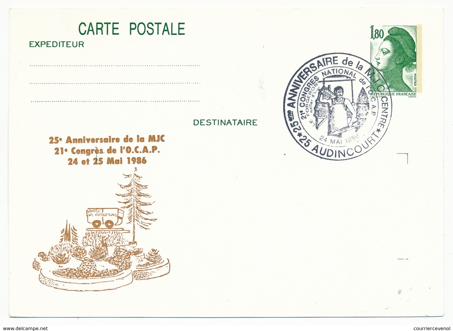 FRANCE - Entier Repiqué - 1,80 Liberté - 25eme Anniversaire MJC - 25 AUDINCOURT - 1986 - Postales  Transplantadas (antes 1995)