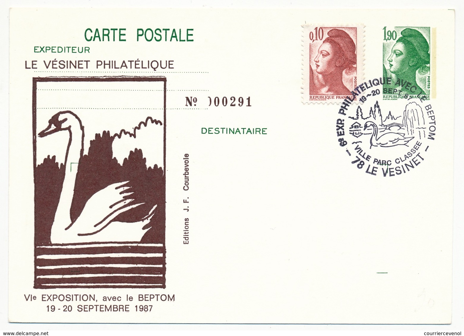 FRANCE - Entier Repiqué - 1,90 Liberté - Le Vésinet Philatélique - Exposition - 78 LE VESINET 1987 - Overprinter Postcards (before 1995)