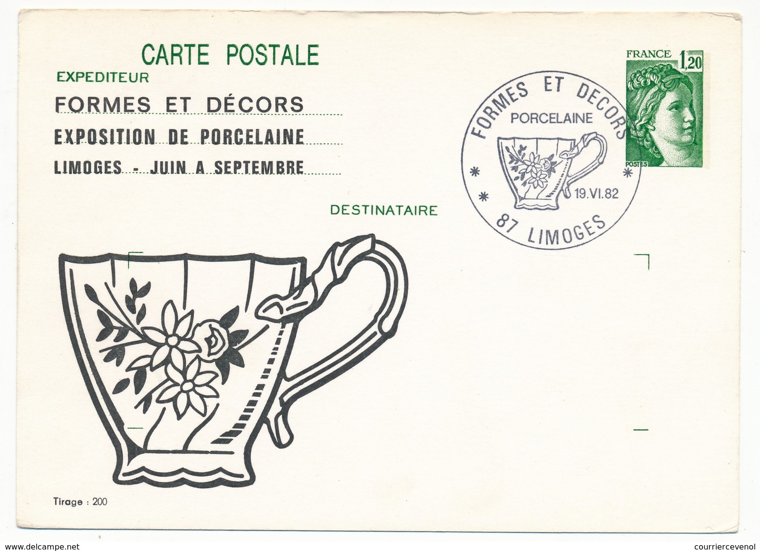 FRANCE - Entier Repiqué - 1,20 Sabine - Exposition De Porcelaine Formes Et Décors - 87 LIMOGES - 1982 - Postales  Transplantadas (antes 1995)