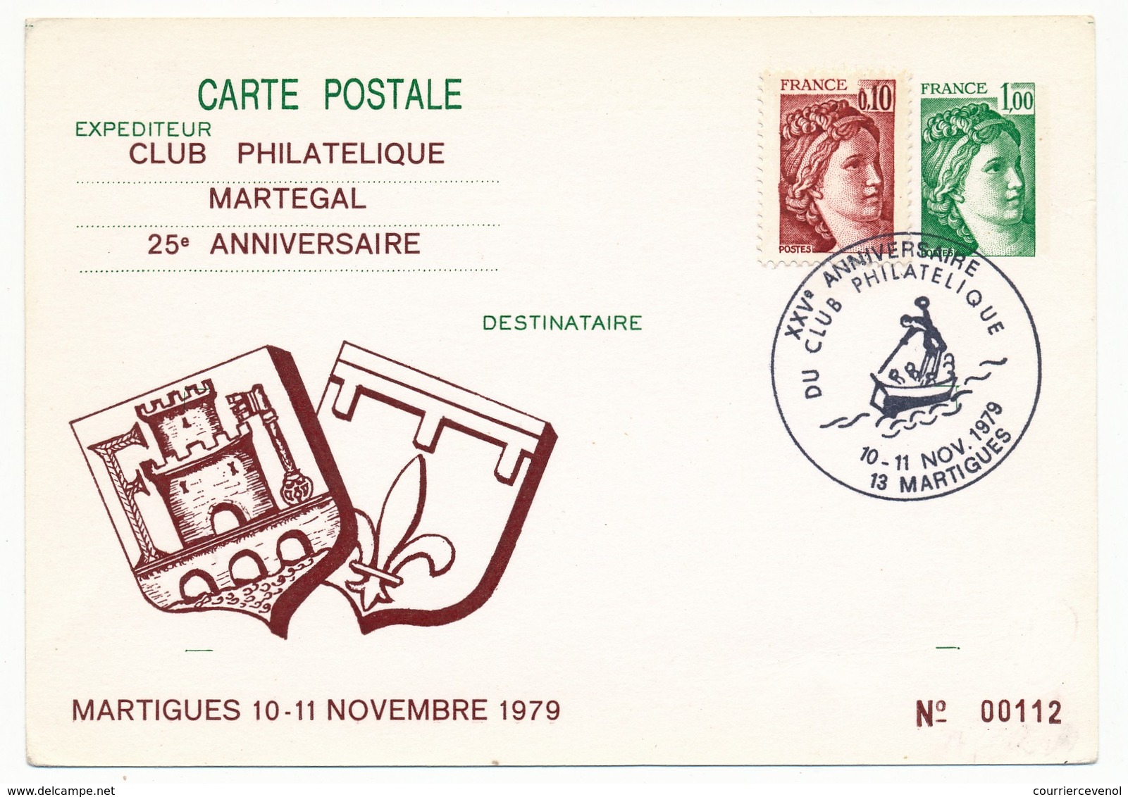 FRANCE - Entier Repiqué - 1,00 Sabine - 25eme Anniversaire Club Philatélique Martégal - 13 MARTIGUES - 1979 - Postales  Transplantadas (antes 1995)